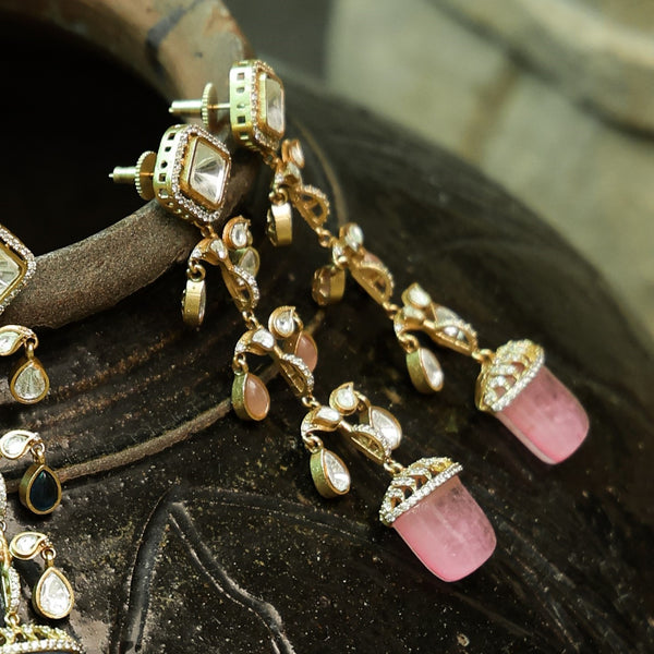 MDE883- Pink & White Colour Gold Plated Faux Polki Dangler Earrings