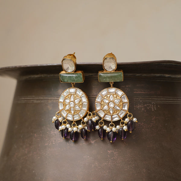 MDE973- White Colour Gold Plated Jadau Kundan Thappa Dangler Earrings