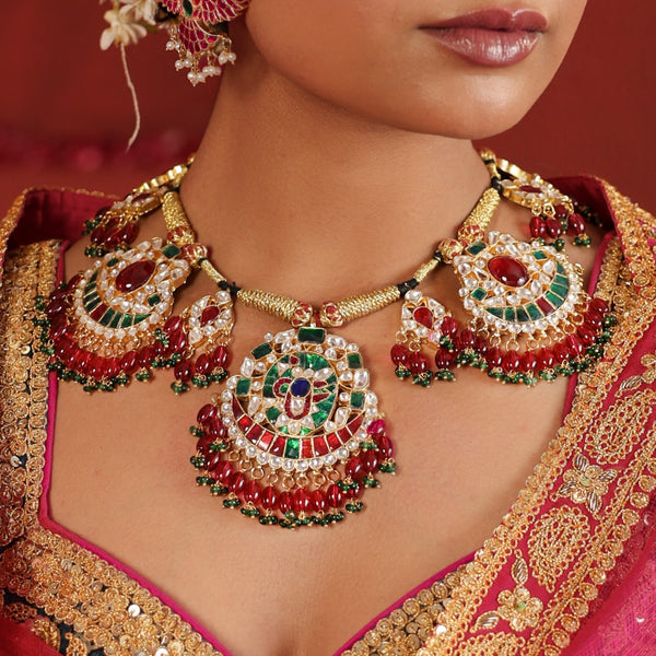 MDN497- Multi Colour Gold Plated Jadau Kundan Necklace Set