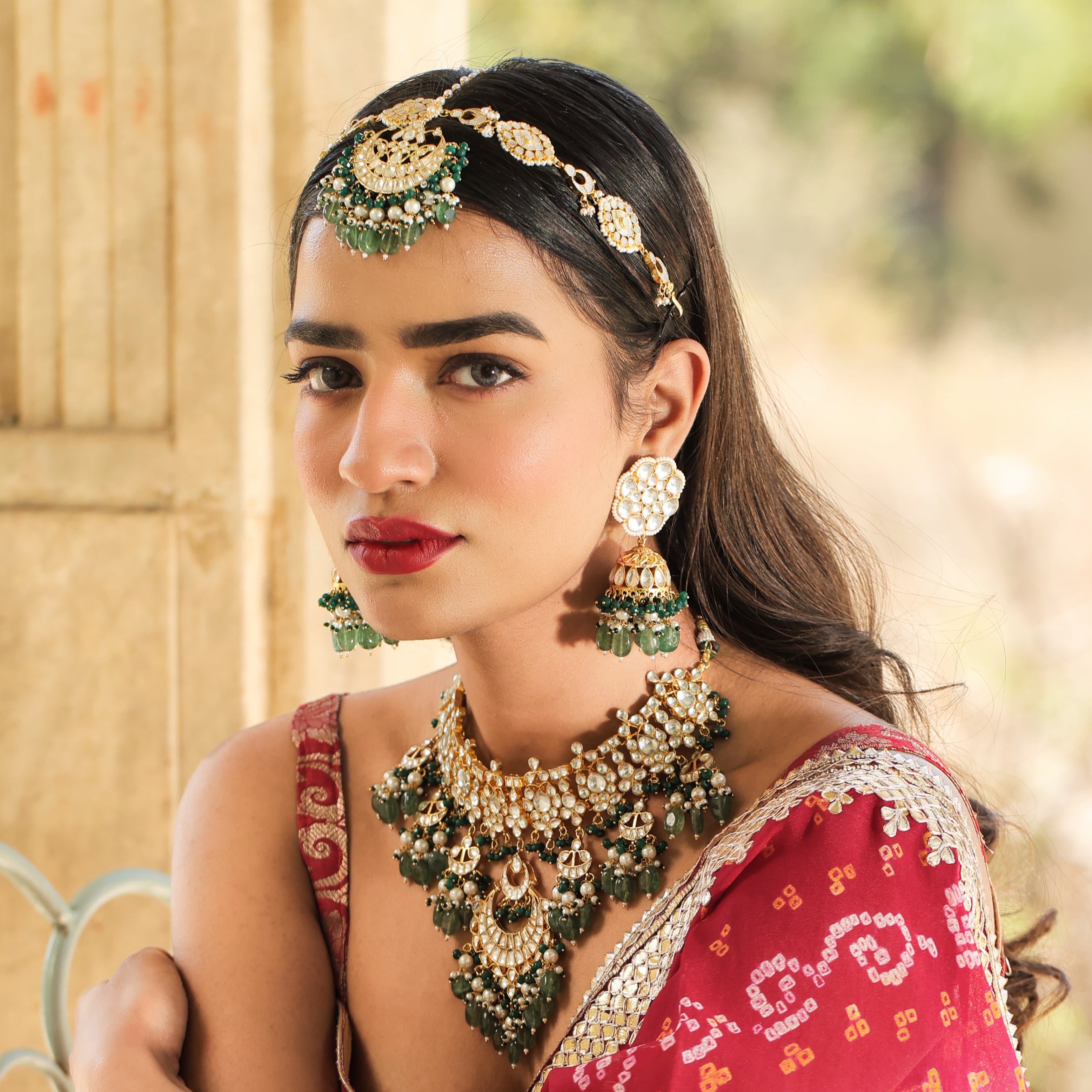 MDN406- White and Green Colour Gold Plated Jadau Kundan Necklace Set