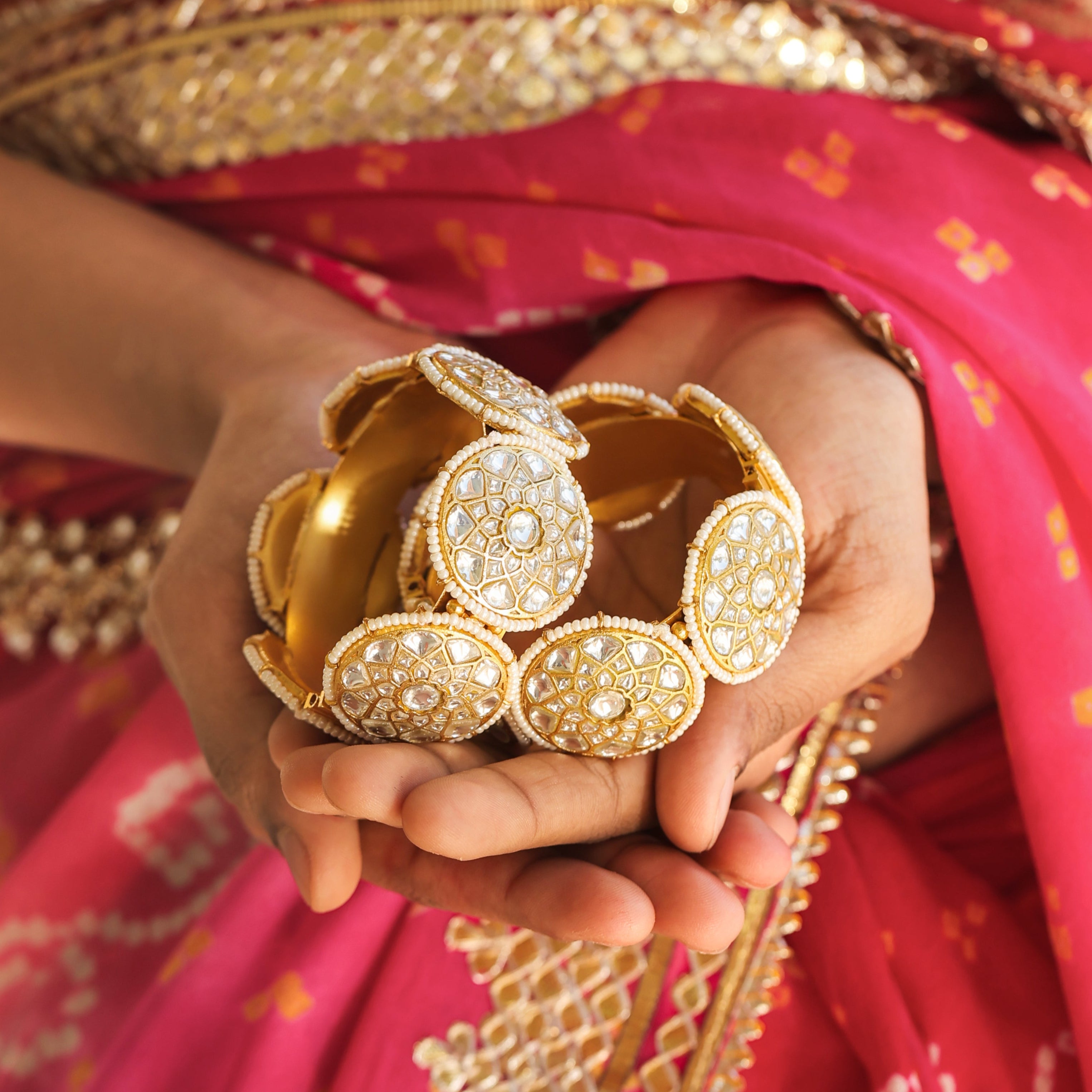 MDB413- White Colour Gold Plated Jadau Kundan Thappa Bangle
