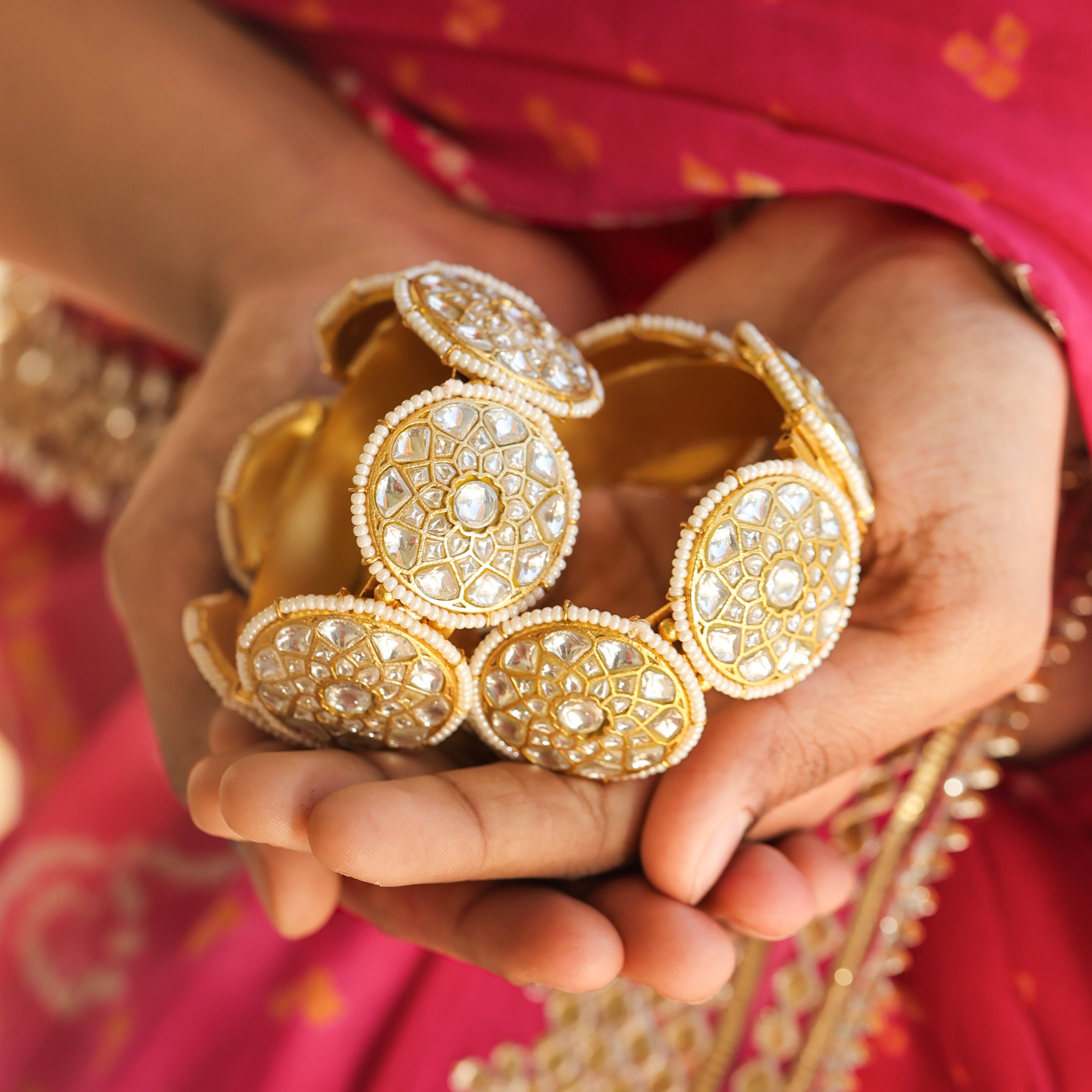 MDB413- White Colour Gold Plated Jadau Kundan Thappa Bangle