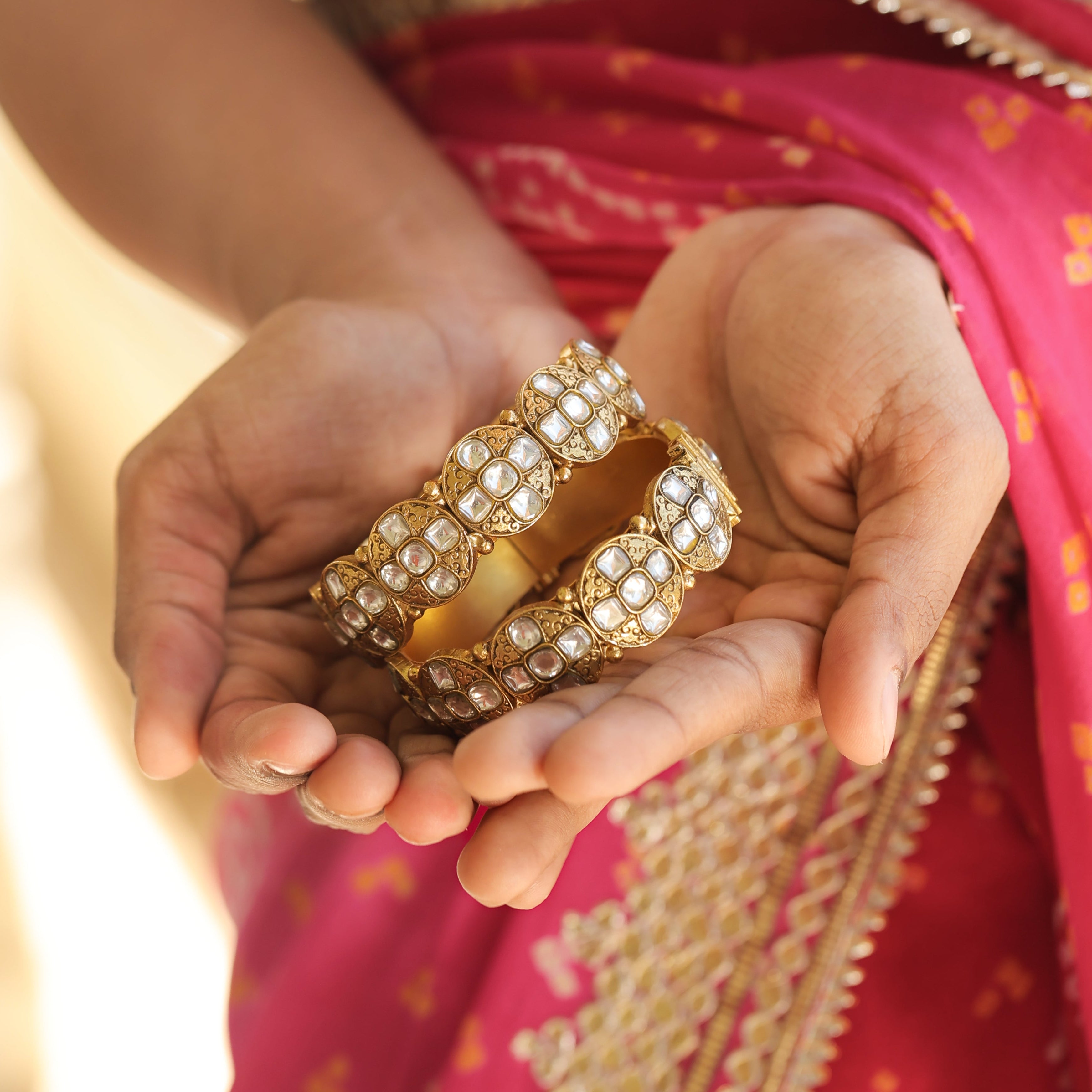 MDB412- White Colour Gold Plated Jadau Kundan Temple Bangle