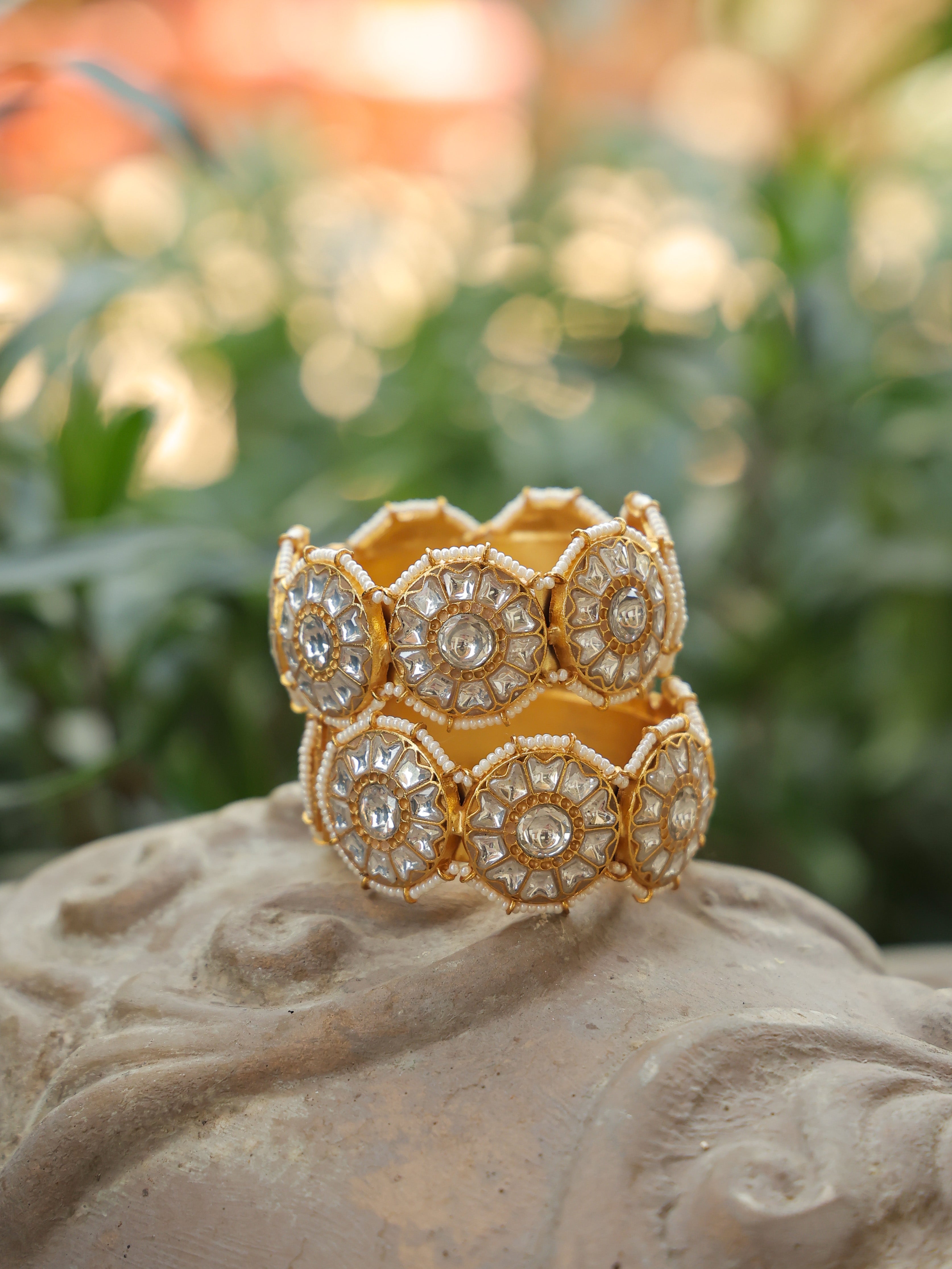MDB362- White Colour Gold Plated Jadau Kundan Thappa Bangle