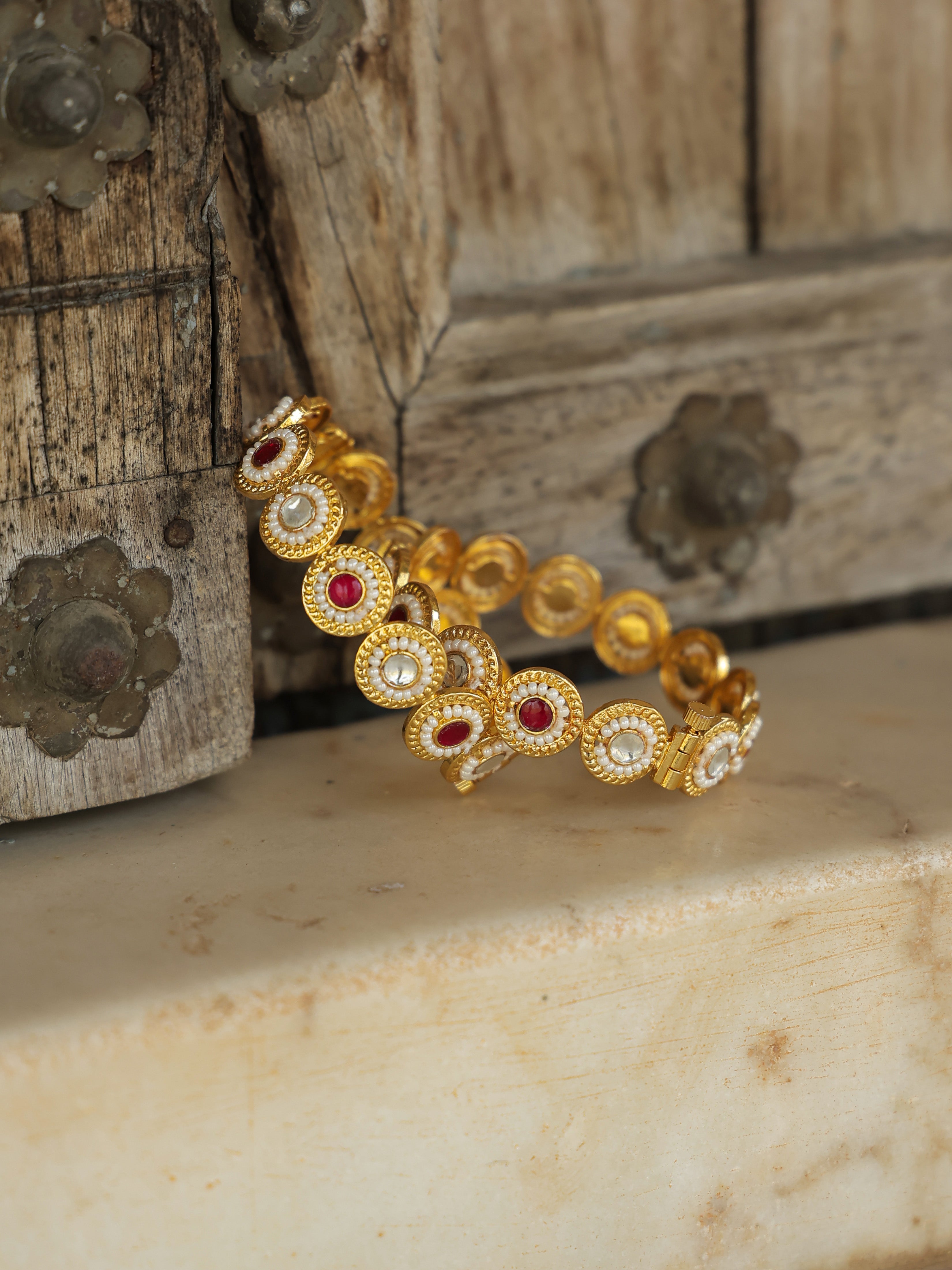 MDB360- Pink Colour Gold Plated Jadau Kundan Bangle