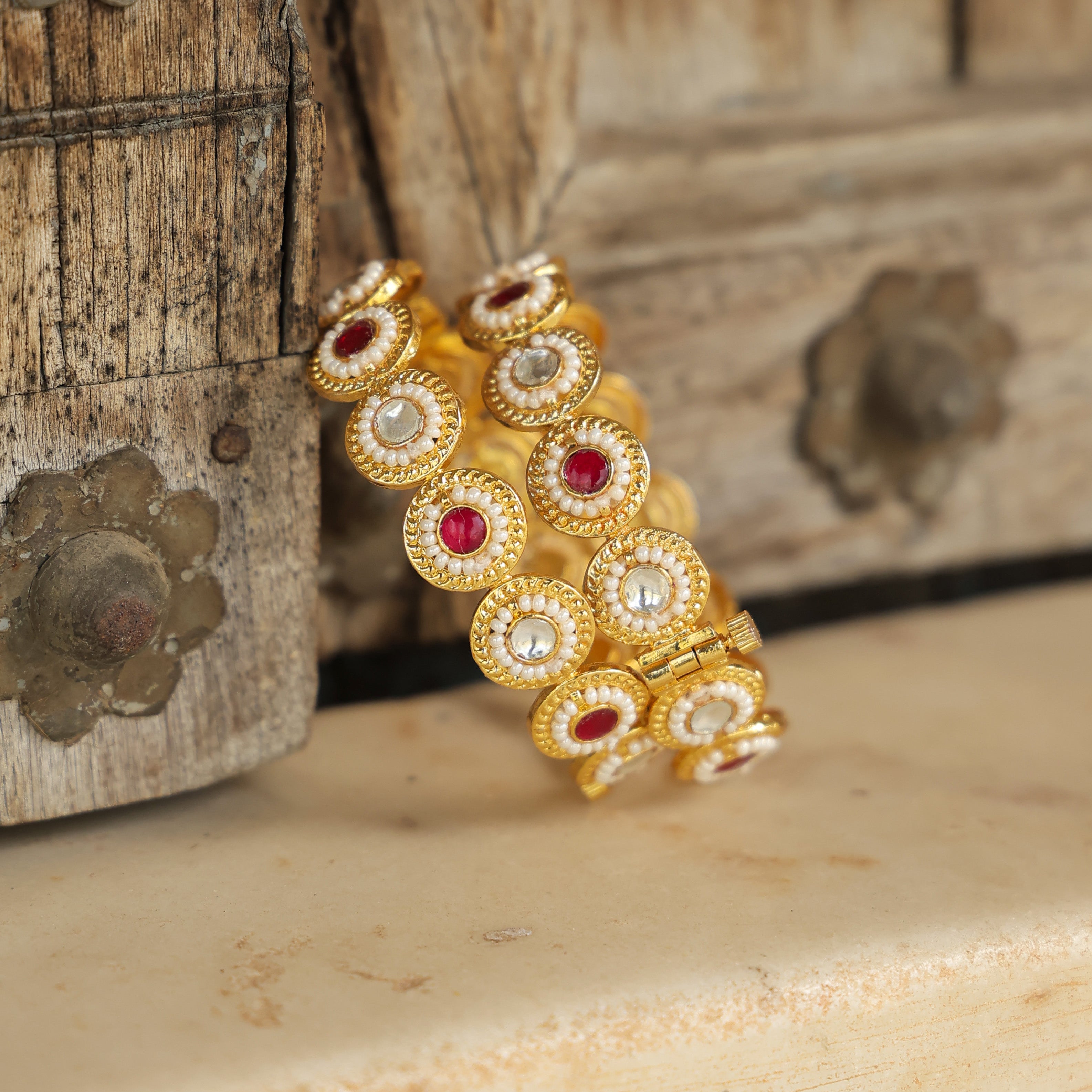 MDB360- Pink Colour Gold Plated Jadau Kundan Bangle