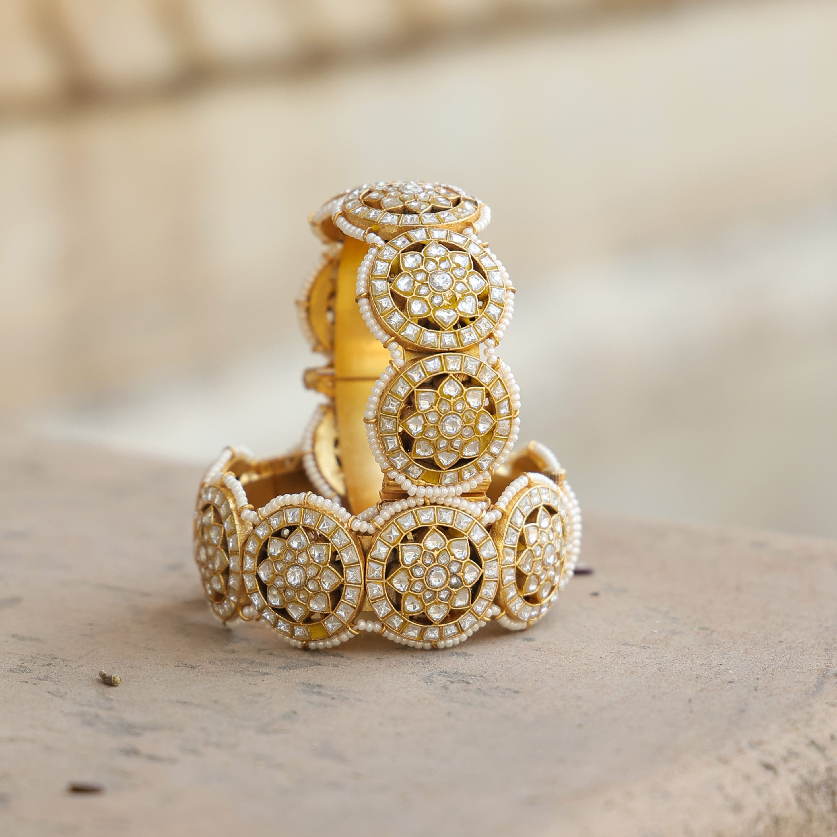 MDB363- White Colour Gold Plated Jadau Kundan Thappa Bangle
