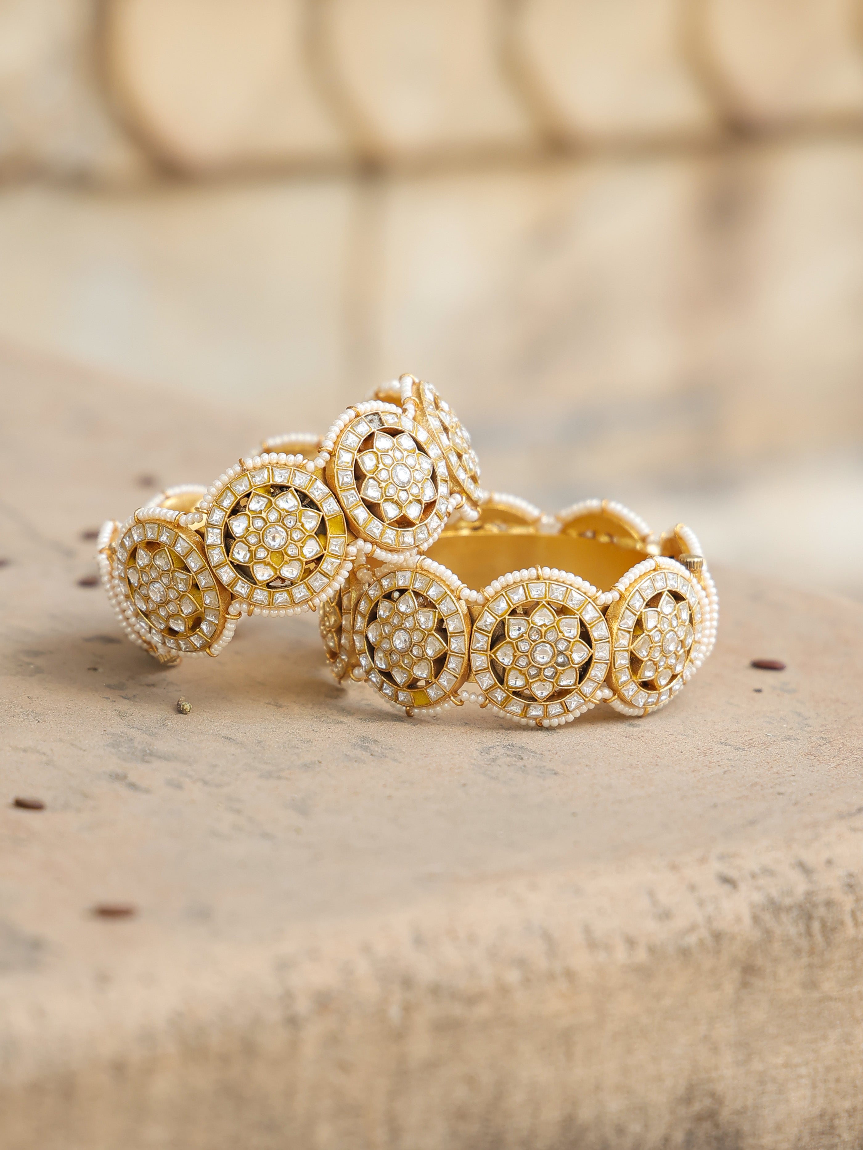 MDB363- White Colour Gold Plated Jadau Kundan Thappa Bangle