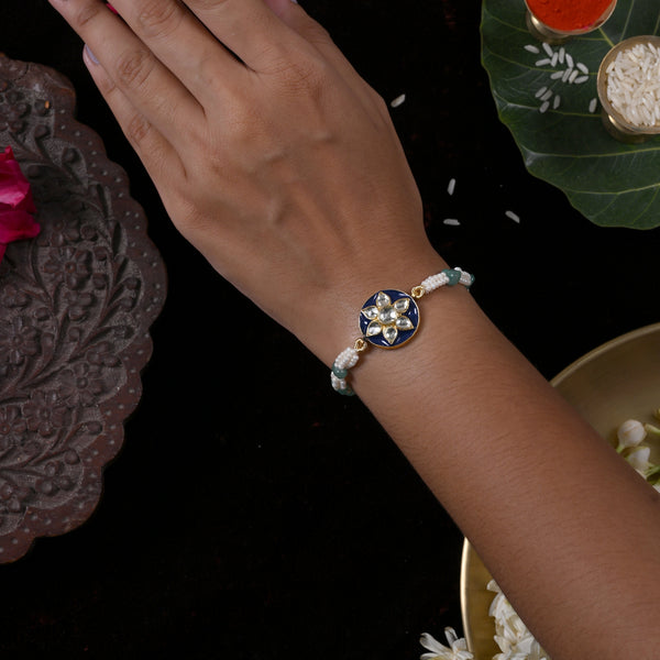 MDB856- Blue and White Colour Gold Plated Jadau Kundan Rakhi