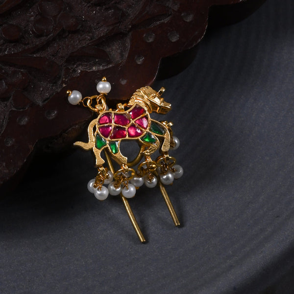 MDBR269- Pink and Green Colour Gold Plated Jadau Kundan Horse Motif Juda Pin