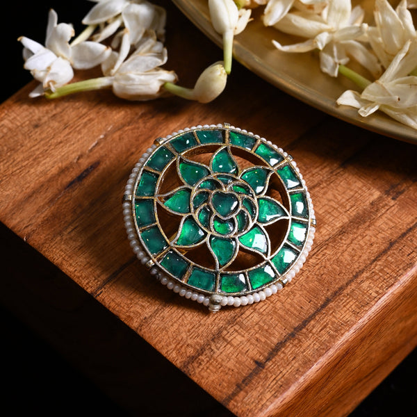 MDBU873- Green Colour Gold Plated Jadau Kundan Brooch