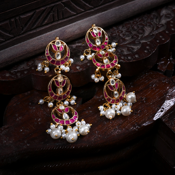 MDE661- Pink and White Colour Gold Plated Jadau Kundan Dangler Earrings