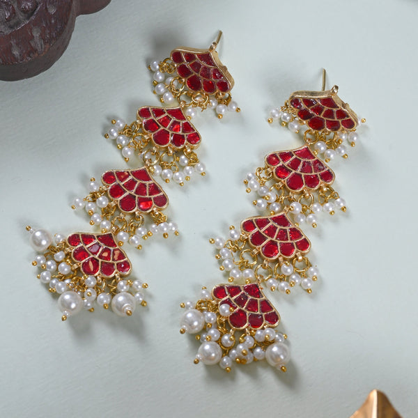 MDE664- Red Colour Gold Plated Jadau Kundan Dangler Earrings
