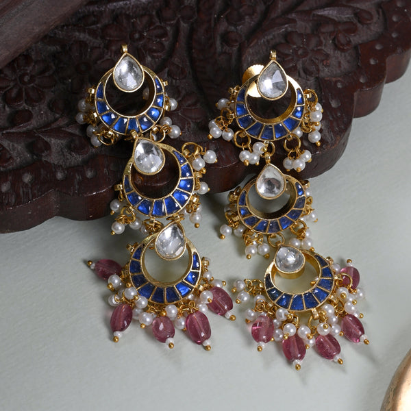 MDE659- Blue and White Colour Gold Plated Jadau Kundan Dangler Earrings