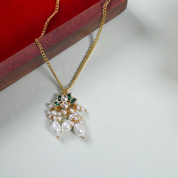 MDN862- Green and White Colour Gold Plated Jadau Kundan Lotus Motif Pendant