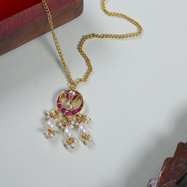 MDN863- Pink and White Colour Gold Plated Jadau Kundan Pendant