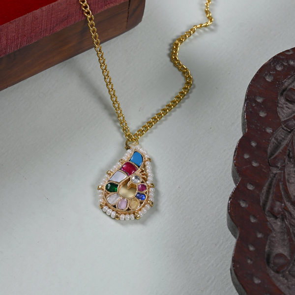MDN864- Multi Colour Gold Plated Jadau Kundan Peacock Motif Pendant