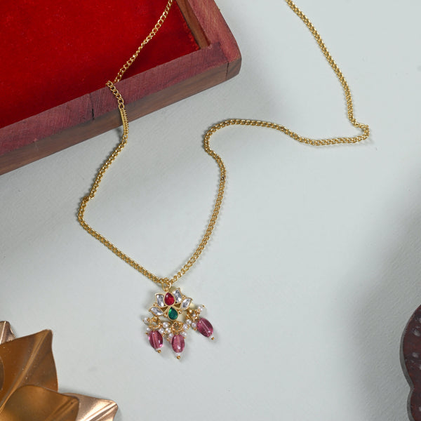 MDN862- Multi Colour Gold Plated Jadau Kundan Lotus Motif Pendant