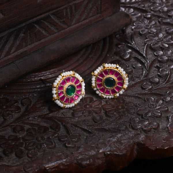MDE869- Pink and Green Colour Gold Plated Jadau Kundan Studs Earrings