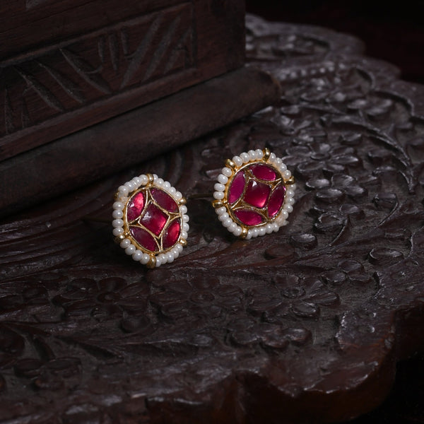 MDE868- Pink Colour Gold Plated Jadau Kundan Studs Earrings