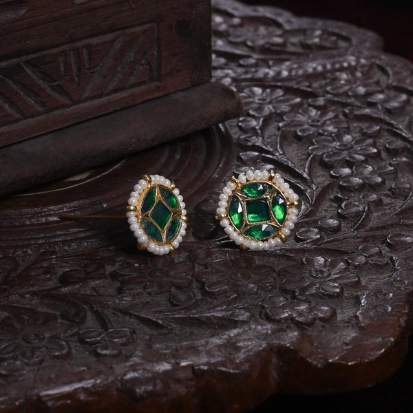 MDE868- Green Colour Gold Plated Jadau Kundan Studs Earrings