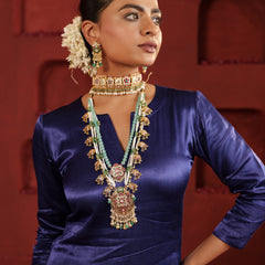 MDN652- Multi Colour Gold Plated Jadau Kundan Heritage Long Pendant Set