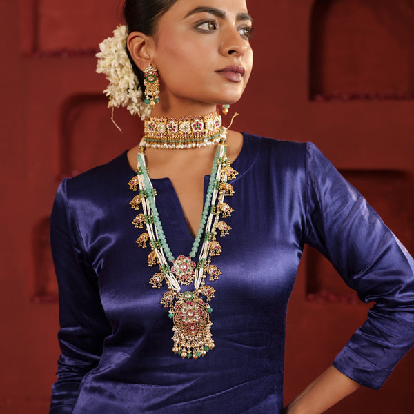 MDN652- Multi Colour Gold Plated Jadau Kundan Heritage Long Pendant Set