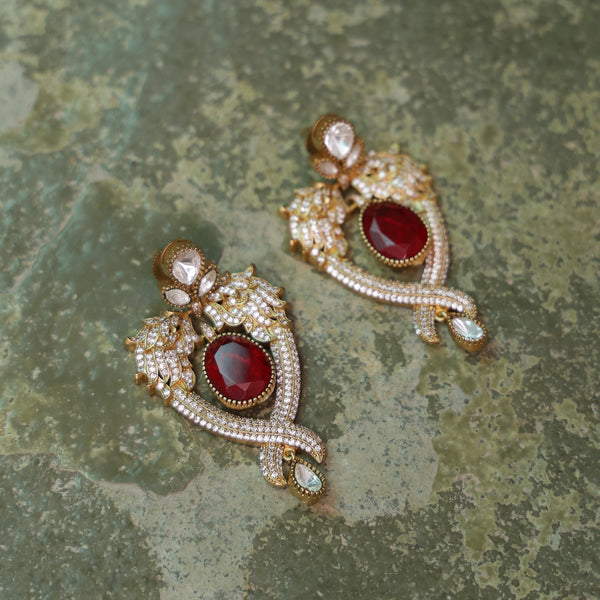 MDE817- Red Colour Gold Plated Faux Polki Dangler Earrings
