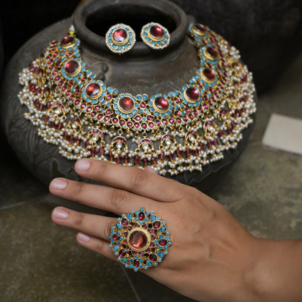 MDN901- Firoza and Wine Colour Gold Plated Jadau Kundan Bridal Necklace Set with Ring