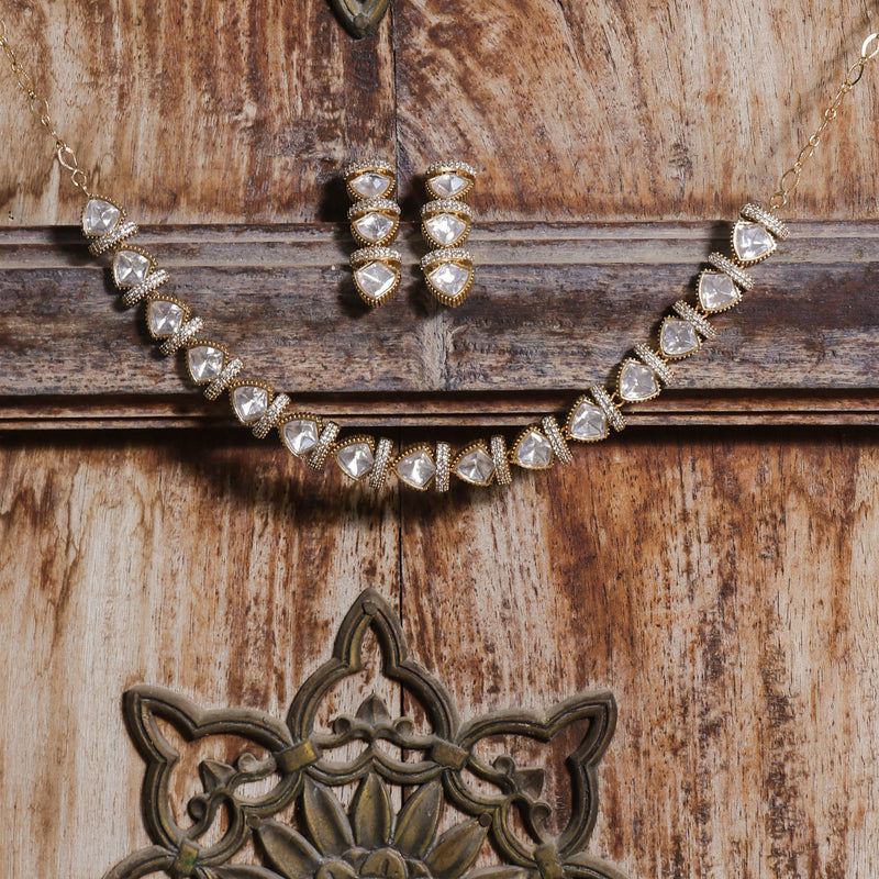 MDN885- White Colour Gold Plated Faux Polki Necklace Set