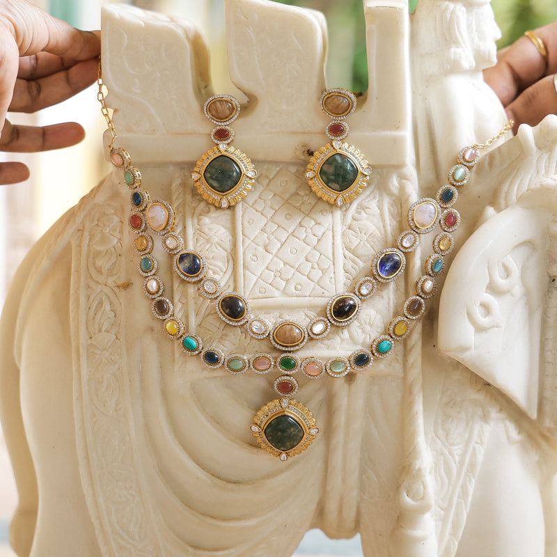 MDN903- Multi Colour Gold Plated Faux Polki Long Necklace Set