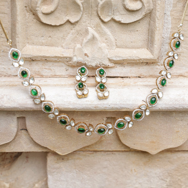 MDN991- Green and White Colour Gold Plated Faux Polki Long Necklace Set