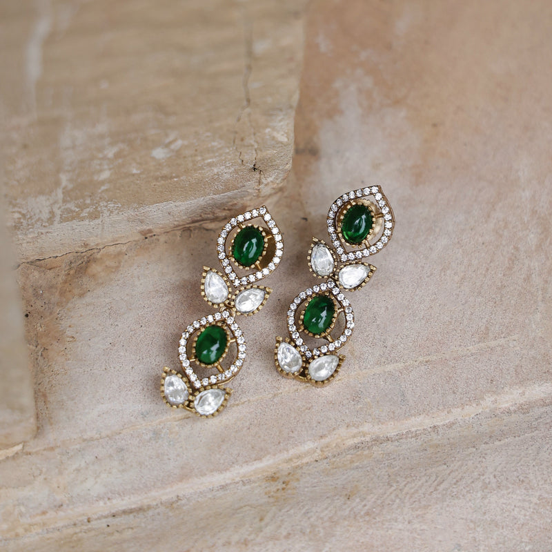 MDN991- Green and White Colour Gold Plated Faux Polki Long Necklace Set