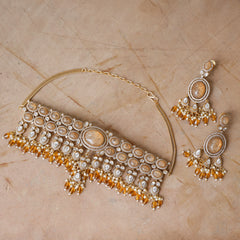 MDN919- Orange Colour Gold Plated Faux Polki Necklace Set
