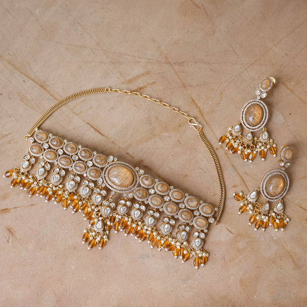 MDN919- Orange Colour Gold Plated Faux Polki Necklace Set