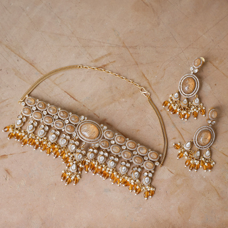 MDN919- Orange Colour Gold Plated Faux Polki Necklace Set