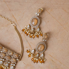 MDN919- Orange Colour Gold Plated Faux Polki Necklace Set