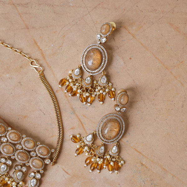 MDN919- Orange Colour Gold Plated Faux Polki Necklace Set
