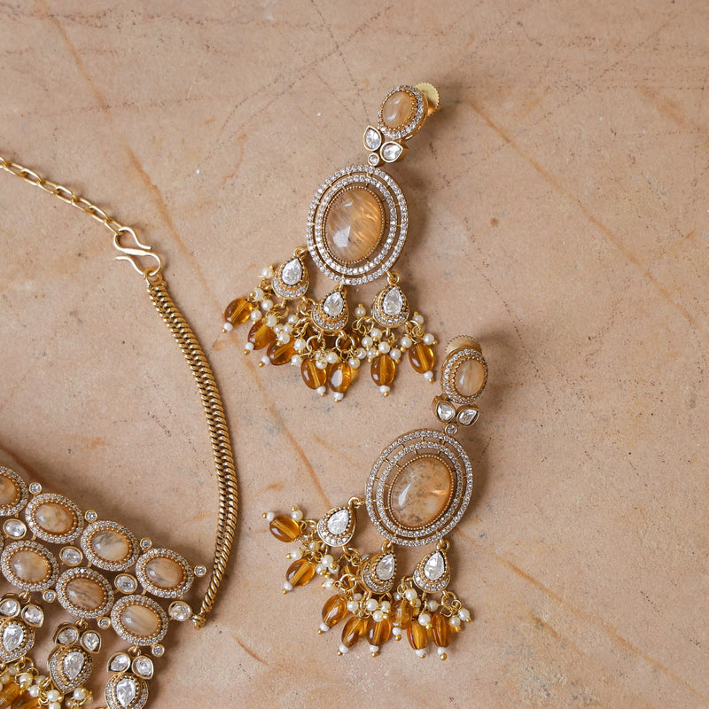 MDN919- Orange Colour Gold Plated Faux Polki Necklace Set