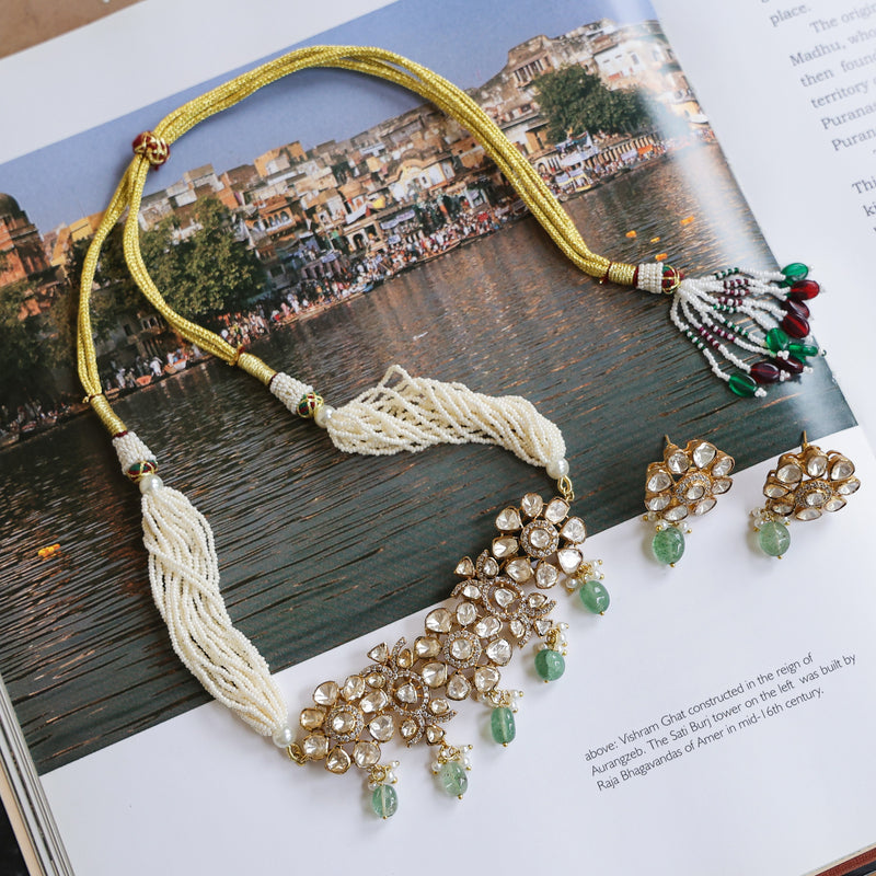 MDN1022- White Colour Gold Plated Faux Polki Choker Set