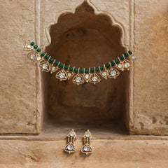 MDN904- Green and White Colour Gold Plated Faux Polki Necklace Set