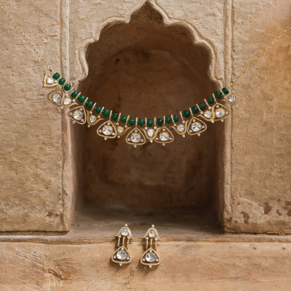 MDN904- Green and White Colour Gold Plated Faux Polki Necklace Set