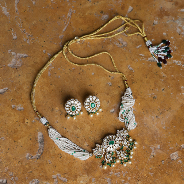 MDN1029- Green & White Colour Gold Plated Faux Polki Choker Set
