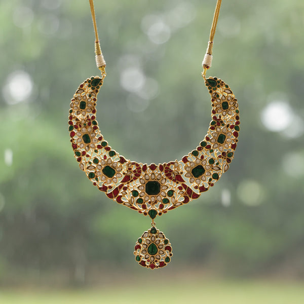 MDN905- Multi Colour Gold Plated Jadau Kundan Temple Necklace