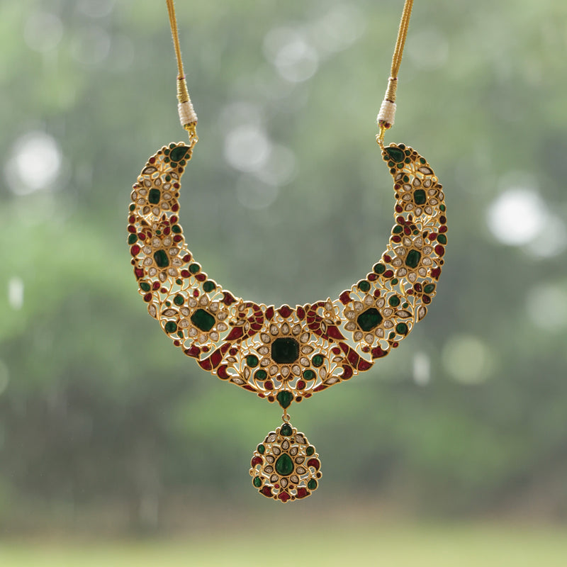 MDN905- Multi Colour Gold Plated Jadau Kundan Temple Necklace