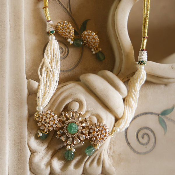 MDN992- Mint & White Colour Gold Plated Faux Polki Choker Set