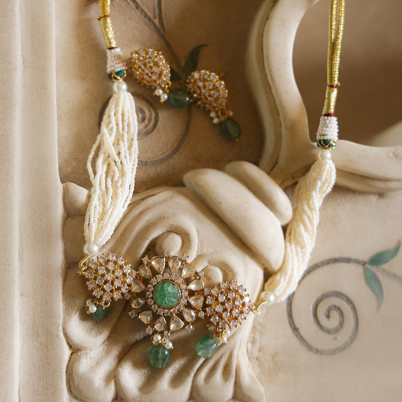 MDN992- Mint & White Colour Gold Plated Faux Polki Choker Set