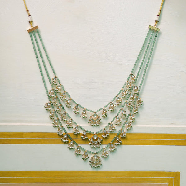 MDN889- Mint And White Colour Gold Plated Jadau Kundan Temple Raani Haar
