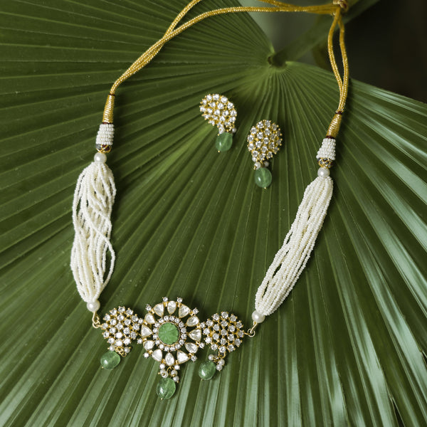 MDN992- Mint & White Colour Gold Plated Faux Polki Choker Set