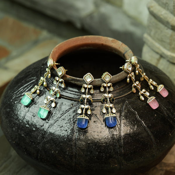 MDE883- Pink & White Colour Gold Plated Faux Polki Dangler Earrings